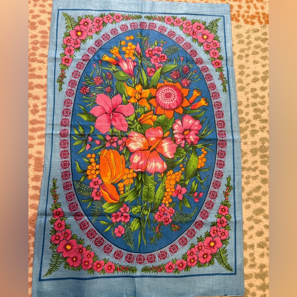 Vintage linen tea towel orange and pink floral on blue c. 1970s